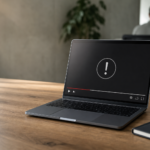 Notebook com player de vídeo genérico e ícone de alerta na tela, em mesa de escritório, cena limpa e realista.