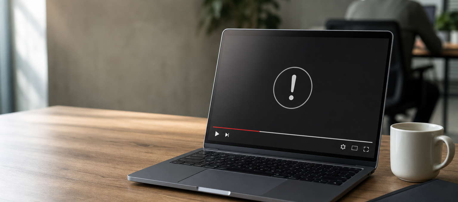 Notebook com player de vídeo genérico e ícone de alerta na tela, em mesa de escritório, cena limpa e realista.