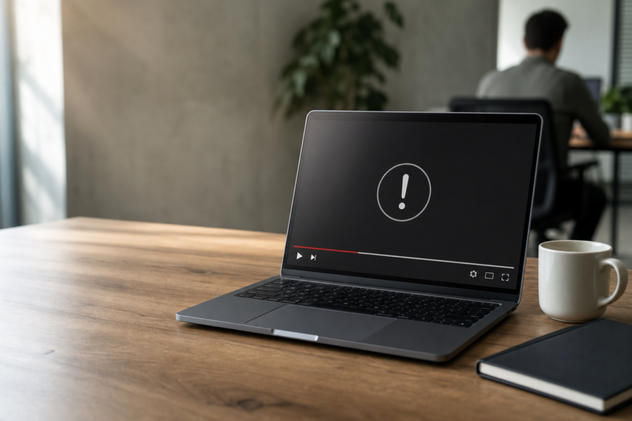 Notebook com player de vídeo genérico e ícone de alerta na tela, em mesa de escritório, cena limpa e realista.