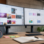 Mesa de equipe de marketing com telas de redes sociais e relógio em contagem regressiva, sugerindo período eleitoral e moderação.