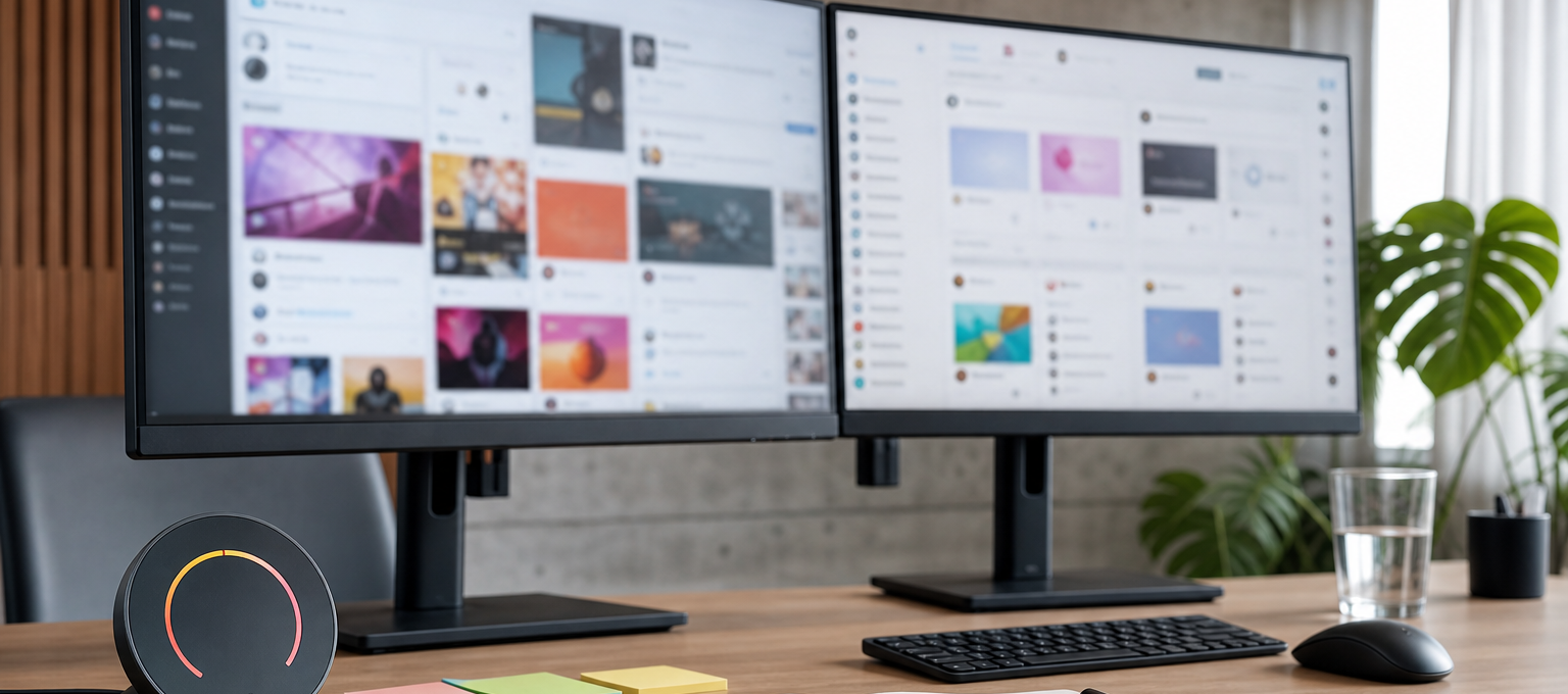 Mesa de equipe de marketing com telas de redes sociais e relógio em contagem regressiva, sugerindo período eleitoral e moderação.