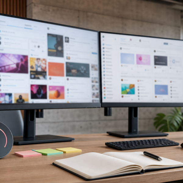 Mesa de equipe de marketing com telas de redes sociais e relógio em contagem regressiva, sugerindo período eleitoral e moderação.