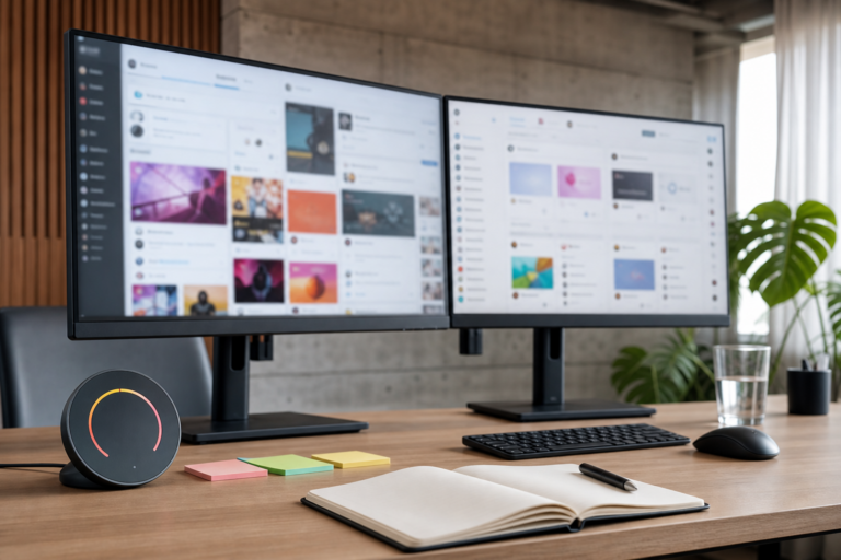 Mesa de equipe de marketing com telas de redes sociais e relógio em contagem regressiva, sugerindo período eleitoral e moderação.