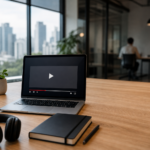 Mesa de criação com notebook exibindo um player de vídeo genérico em escritório de marketing