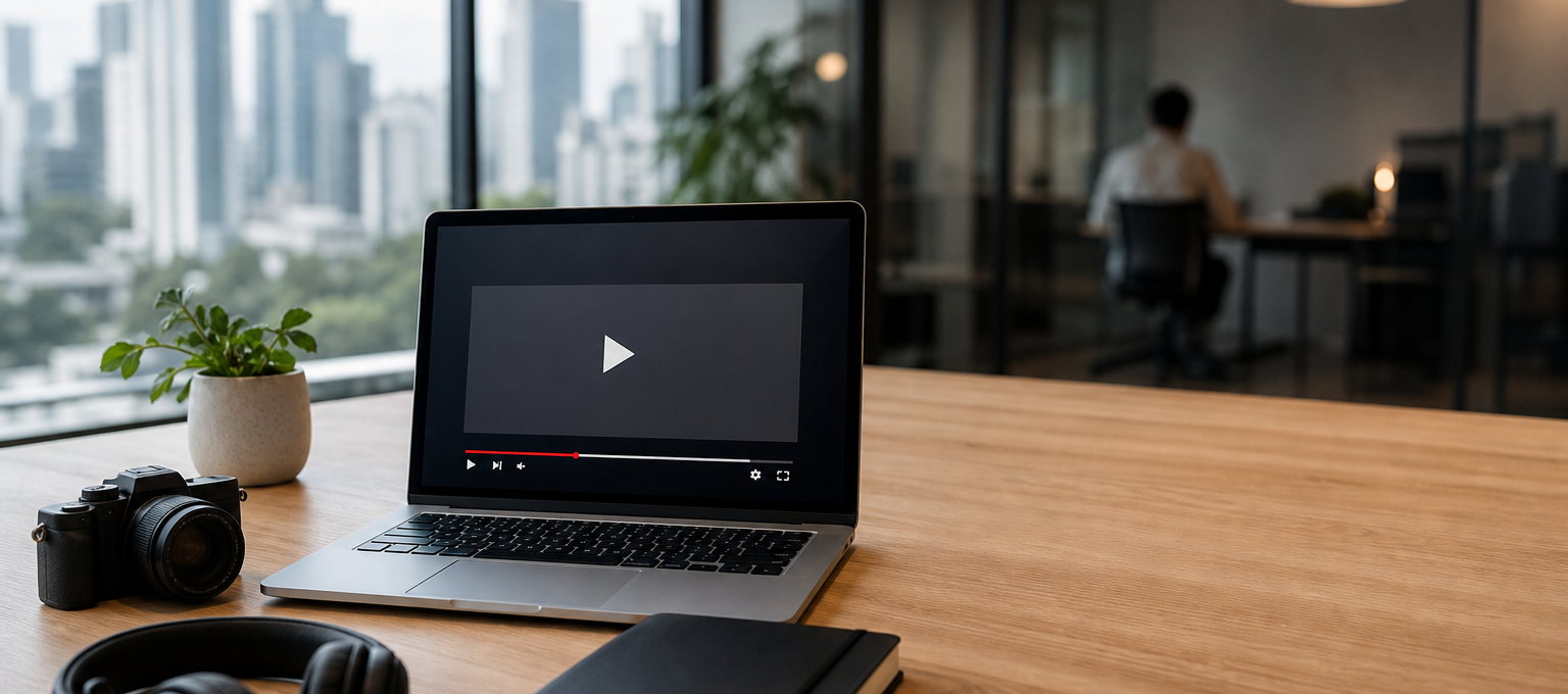 Mesa de criação com notebook exibindo um player de vídeo genérico em escritório de marketing