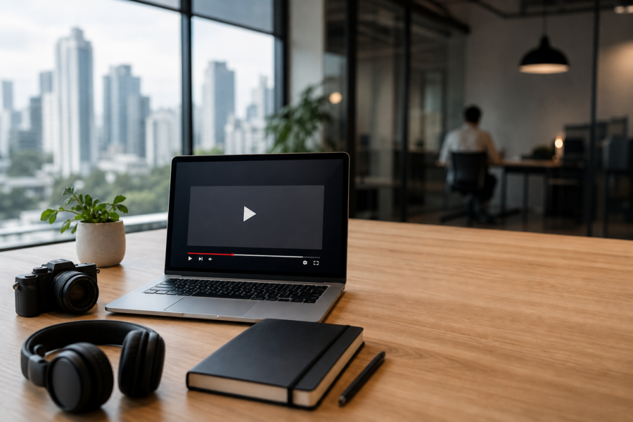 Mesa de criação com notebook exibindo um player de vídeo genérico em escritório de marketing