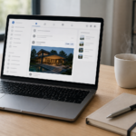 Tela de notebook com post rotulado como publicidade ao lado de anotações de campanha.