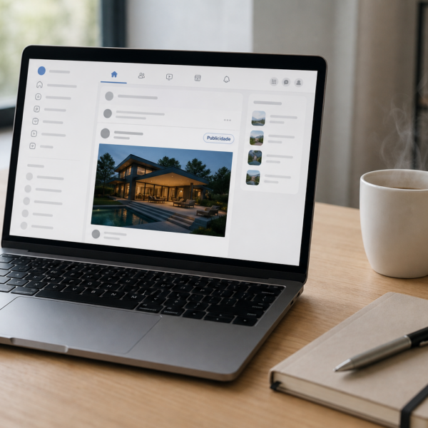 Tela de notebook com post rotulado como publicidade ao lado de anotações de campanha.