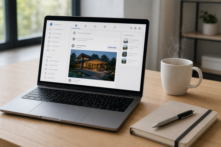 Tela de notebook com post rotulado como publicidade ao lado de anotações de campanha.