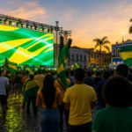 Telão em fan fest no Brasil com torcida de costas e luzes verde e amarela durante jogo da Copa.