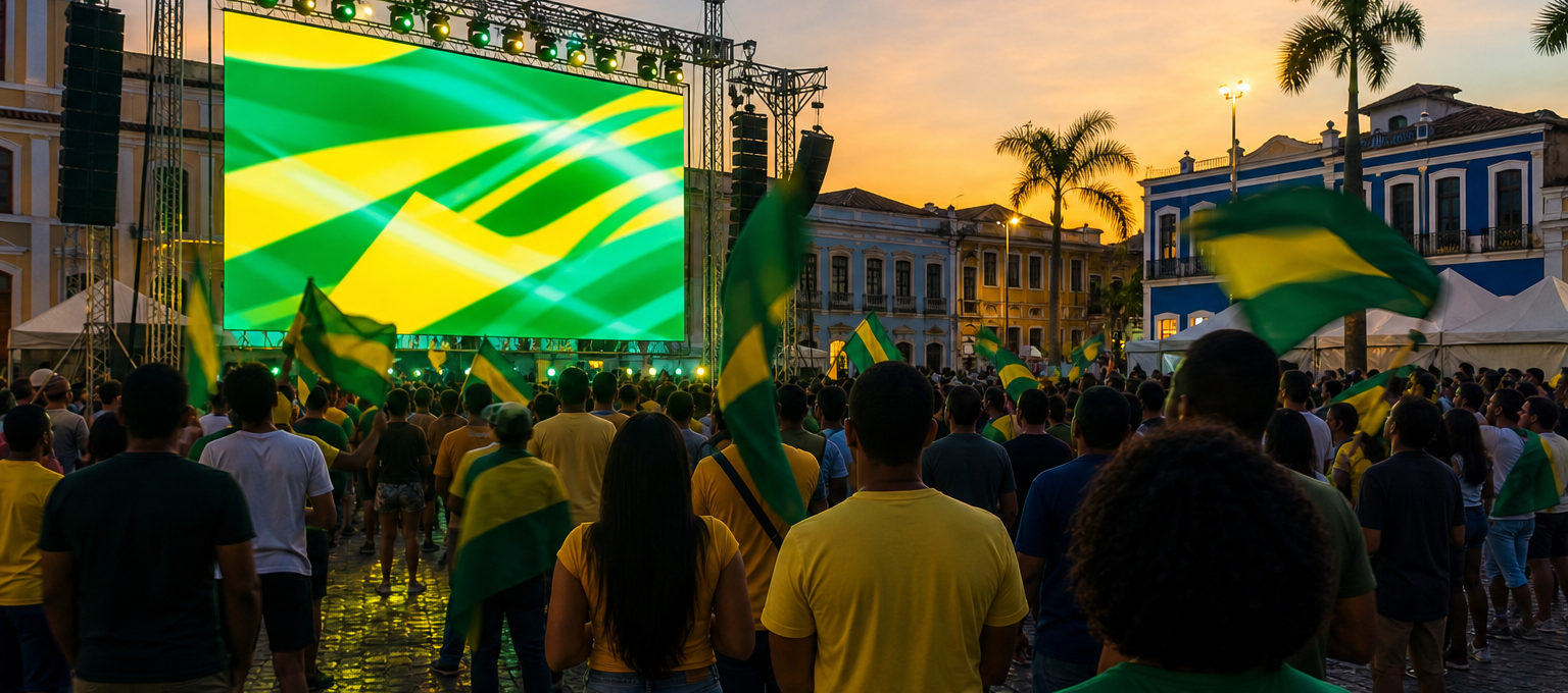 Telão em fan fest no Brasil com torcida de costas e luzes verde e amarela durante jogo da Copa.