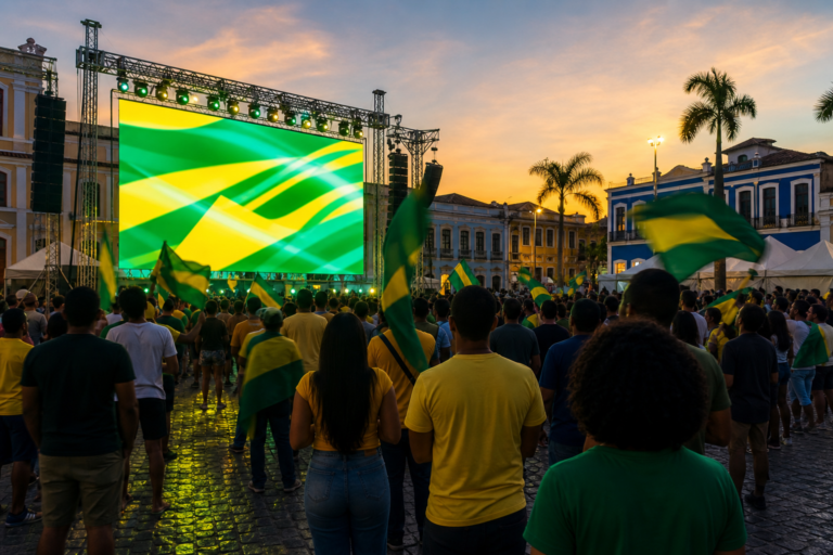 Telão em fan fest no Brasil com torcida de costas e luzes verde e amarela durante jogo da Copa.