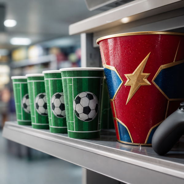 Prateleira com copo temático de futebol, balde colecionável estilizado e controle de videogame, em ambiente de varejo sem marcas visíveis.