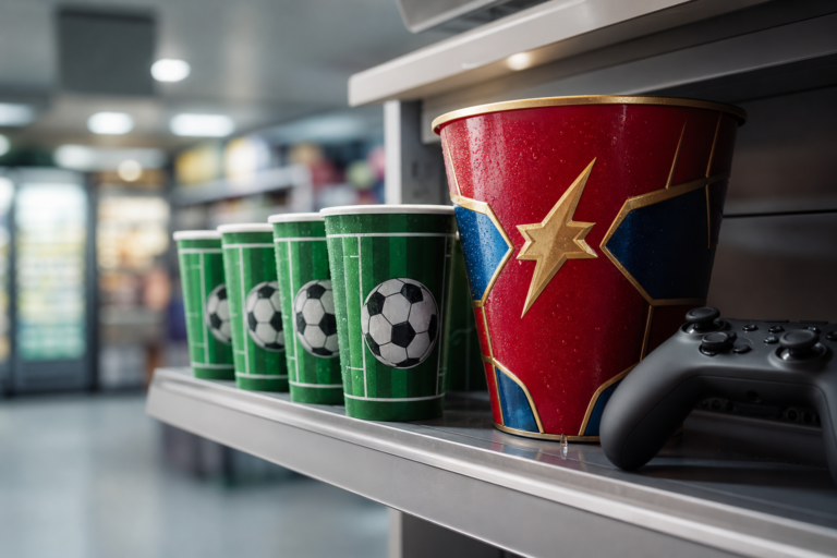 Prateleira com copo temático de futebol, balde colecionável estilizado e controle de videogame, em ambiente de varejo sem marcas visíveis.