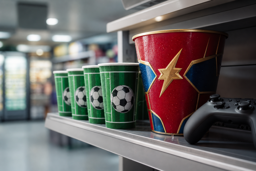 Prateleira com copo temático de futebol, balde colecionável estilizado e controle de videogame, em ambiente de varejo sem marcas visíveis.