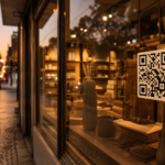 Vitrine de loja com QR code genérico para iniciar conversa de compra, sem marcas visíveis