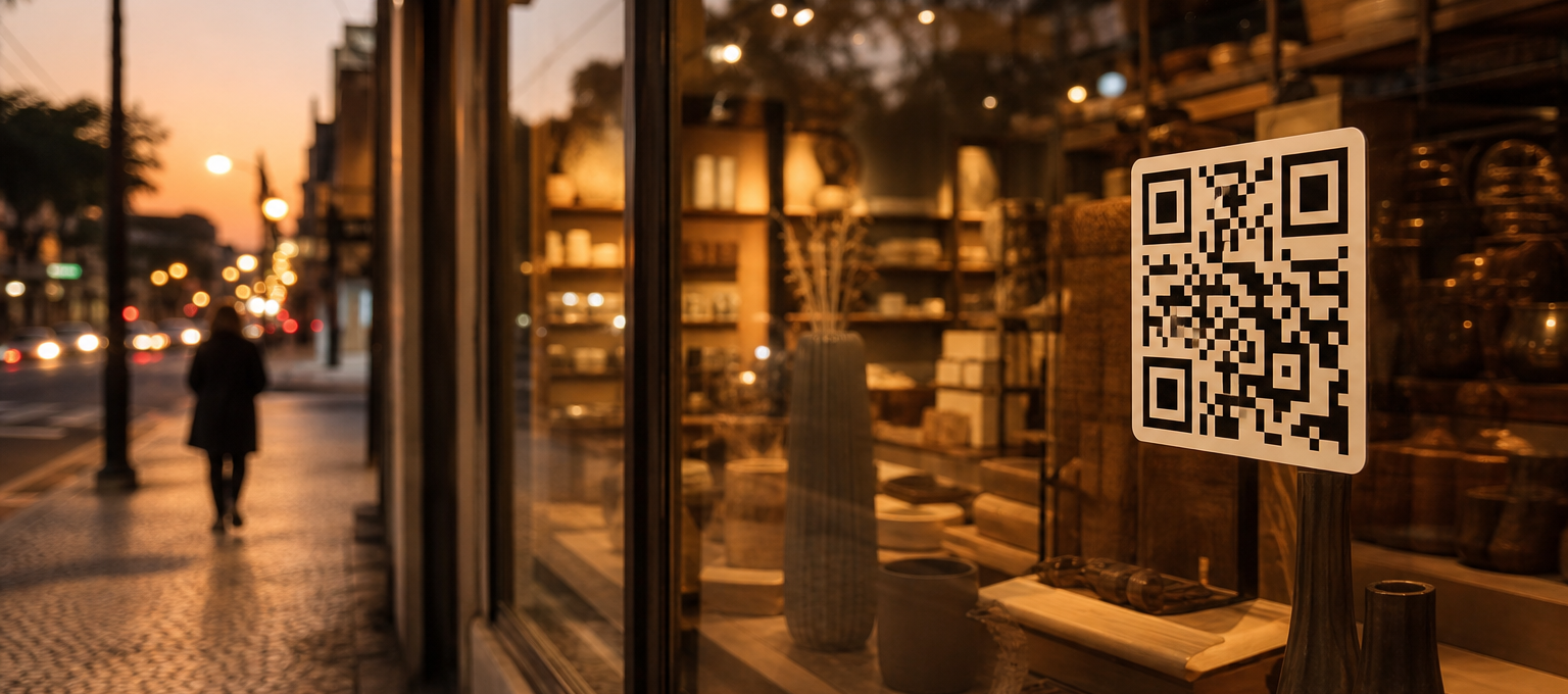 Vitrine de loja com QR code genérico para iniciar conversa de compra, sem marcas visíveis