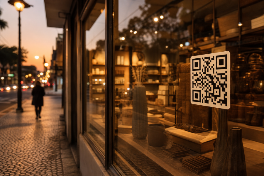 Vitrine de loja com QR code genérico para iniciar conversa de compra, sem marcas visíveis