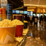 Saguão de cinema lotado à noite com baldes de pipoca e copos colecionáveis genéricos no balcão.