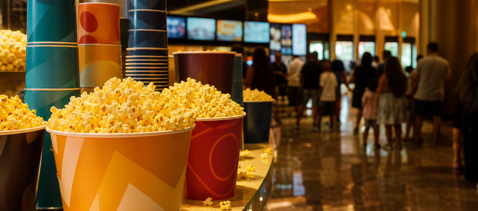 Saguão de cinema lotado à noite com baldes de pipoca e copos colecionáveis genéricos no balcão.