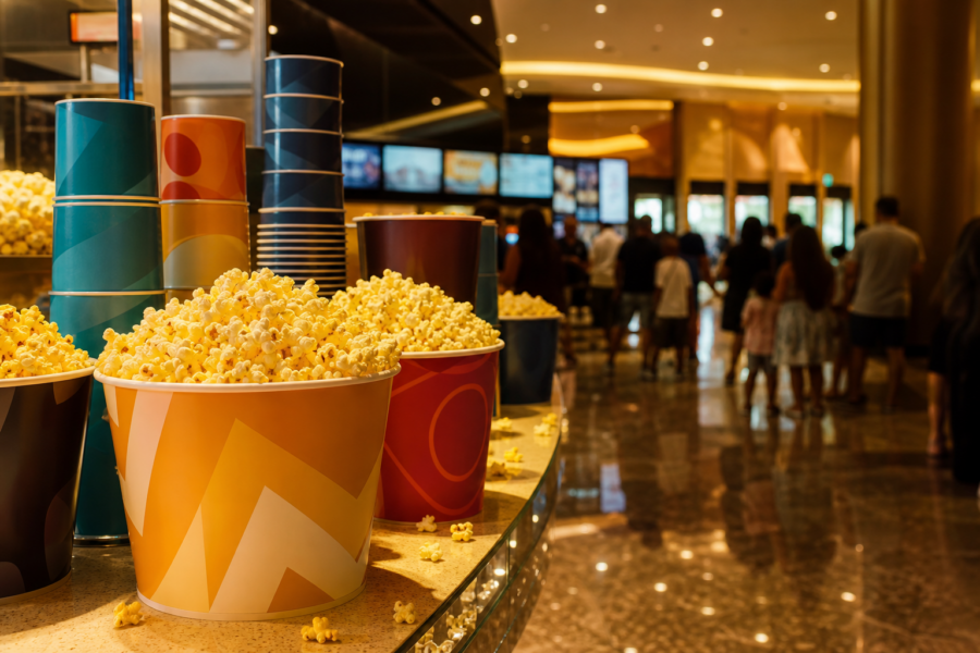 Saguão de cinema lotado à noite com baldes de pipoca e copos colecionáveis genéricos no balcão.
