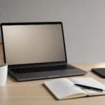 Mesa de trabalho com laptop e smartphone sugerindo operação criativa e compliance
