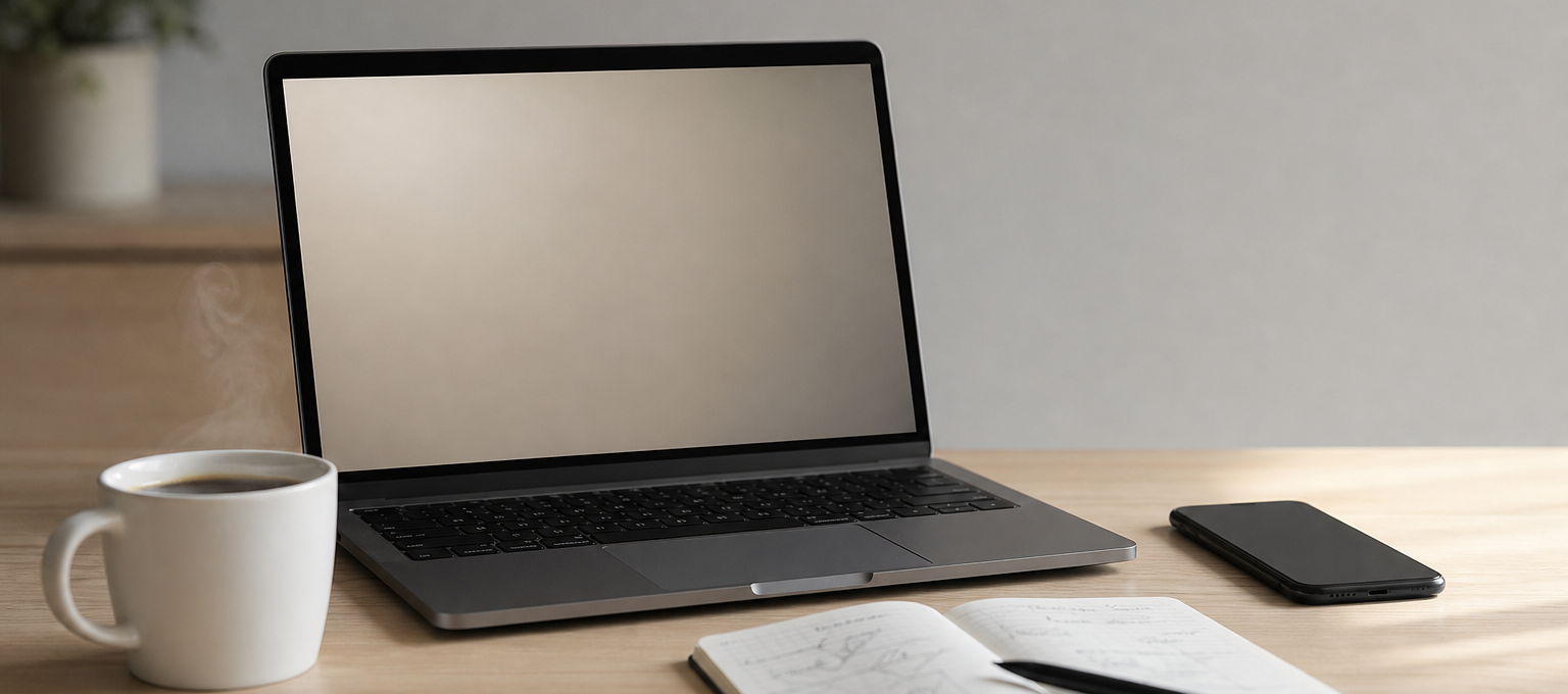 Mesa de trabalho com laptop e smartphone sugerindo operação criativa e compliance