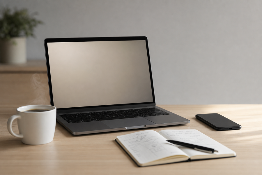 Mesa de trabalho com laptop e smartphone sugerindo operação criativa e compliance