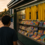 Vitrine de banca com álbuns e camisas amarelas genéricas para a Copa, pessoas de costas observando.