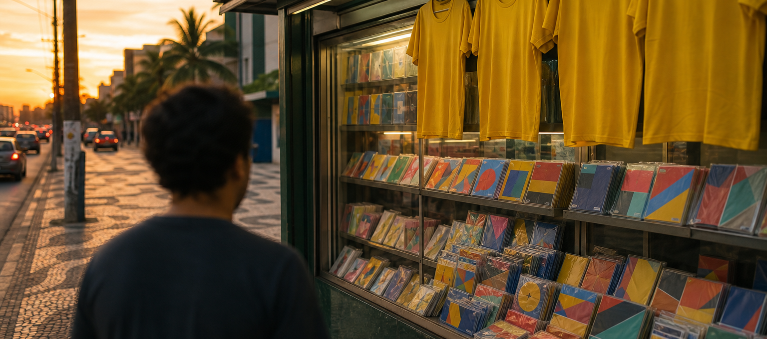 Vitrine de banca com álbuns e camisas amarelas genéricas para a Copa, pessoas de costas observando.