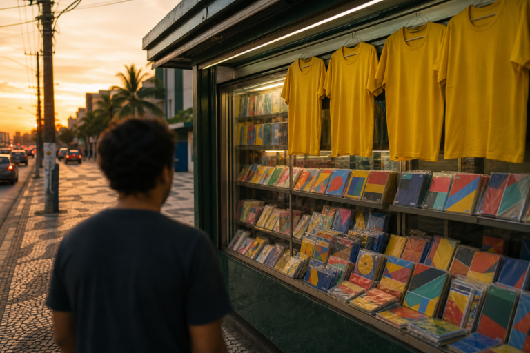Vitrine de banca com álbuns e camisas amarelas genéricas para a Copa, pessoas de costas observando.