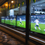 Vitrine com múltiplas TVs exibindo futebol, iluminação noturna e clima de Copa, sem marcas visíveis.