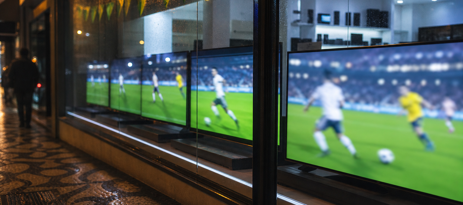 Vitrine com múltiplas TVs exibindo futebol, iluminação noturna e clima de Copa, sem marcas visíveis.
