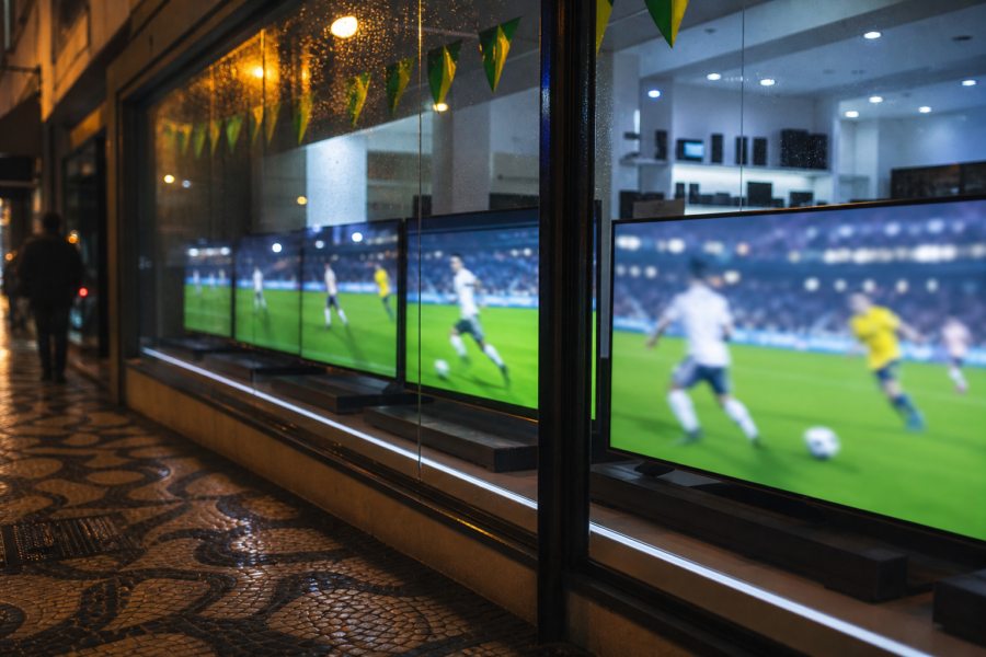 Vitrine com múltiplas TVs exibindo futebol, iluminação noturna e clima de Copa, sem marcas visíveis.