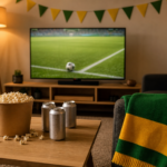 Sala de TV decorada para assistir futebol, com a tela ao fundo desfocada e bandeirinhas verde-amarelas.