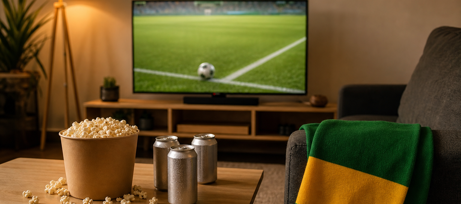 Sala de TV decorada para assistir futebol, com a tela ao fundo desfocada e bandeirinhas verde-amarelas.