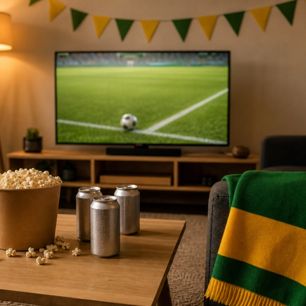 Sala de TV decorada para assistir futebol, com a tela ao fundo desfocada e bandeirinhas verde-amarelas.