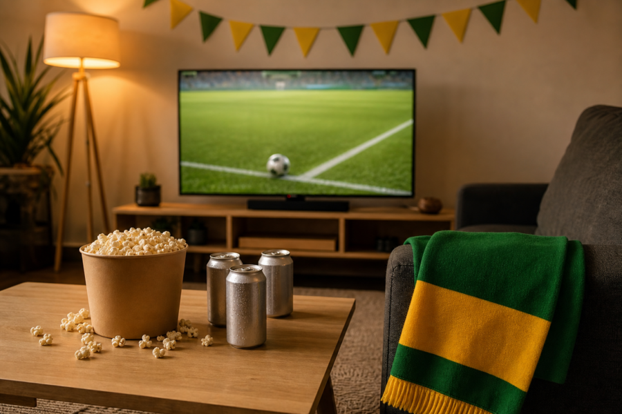 Sala de TV decorada para assistir futebol, com a tela ao fundo desfocada e bandeirinhas verde-amarelas.