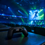 Controle de videogame sobre assento de arquibancada iluminada por luzes de estádio.