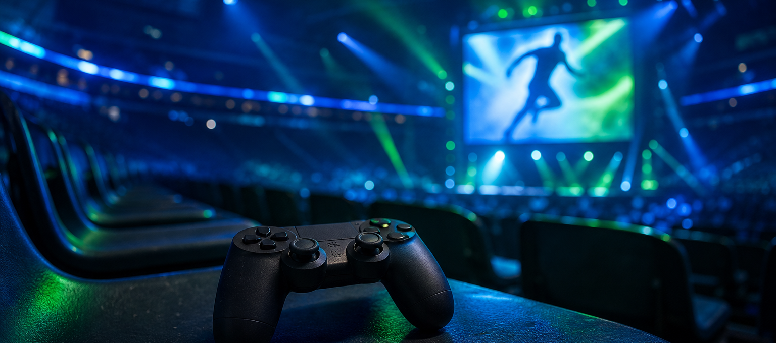 Controle de videogame sobre assento de arquibancada iluminada por luzes de estádio.