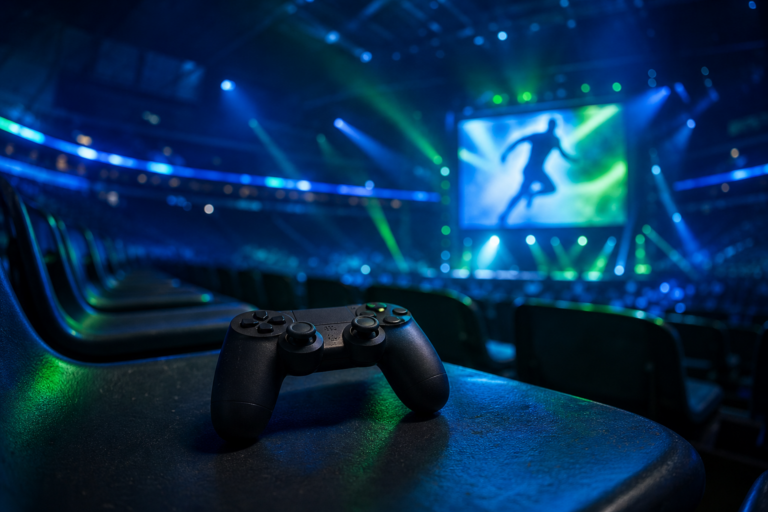 Controle de videogame sobre assento de arquibancada iluminada por luzes de estádio.