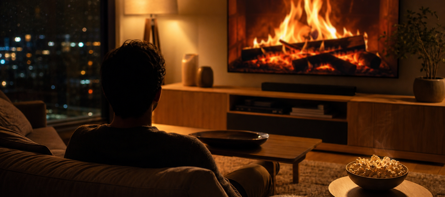 Sala de estar à noite com TV acesa e silhueta de espectador de costas, clima de estreia de série.