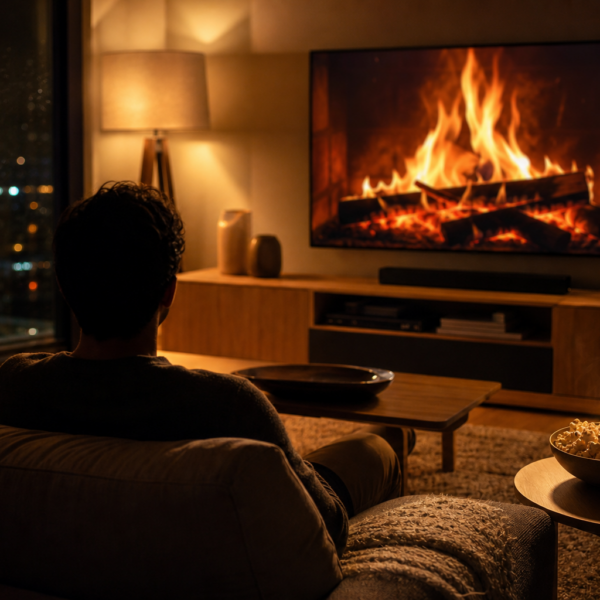 Sala de estar à noite com TV acesa e silhueta de espectador de costas, clima de estreia de série.