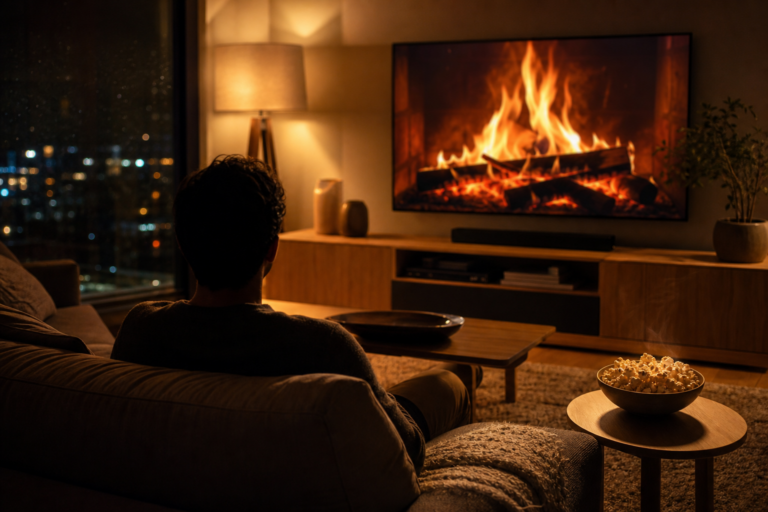 Sala de estar à noite com TV acesa e silhueta de espectador de costas, clima de estreia de série.