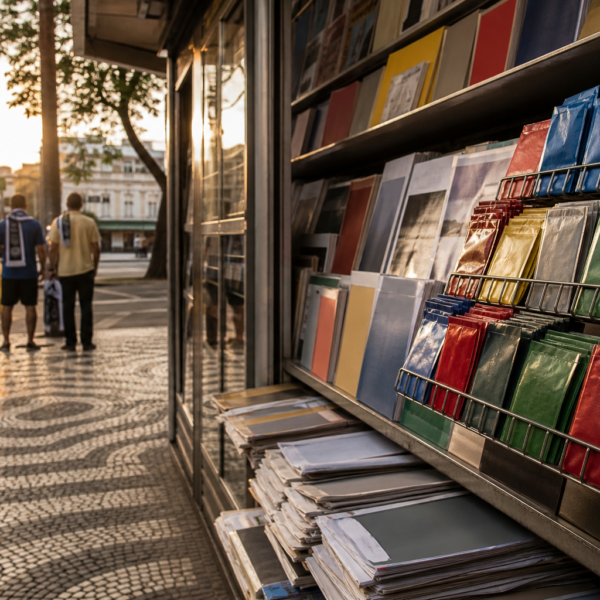 Fila em banca de jornal no Brasil para comprar pacotinhos de figurinhas do álbum da Copa.