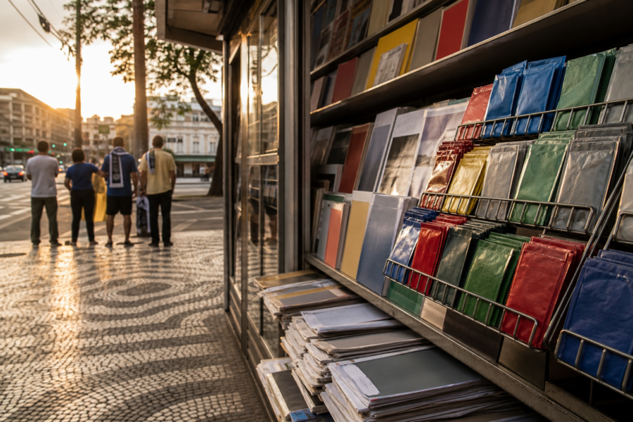 Fila em banca de jornal no Brasil para comprar pacotinhos de figurinhas do álbum da Copa.