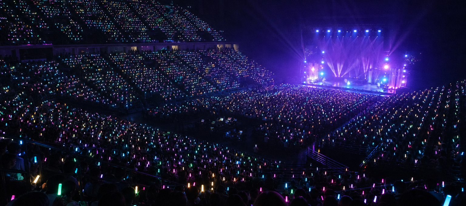 Arena de show com milhares de lightsticks acesos e palco iluminado ao fundo.