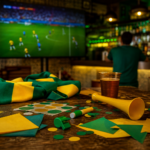 Telão exibindo jogo em bar com adereços genéricos de torcida sobre a mesa, pessoas desfocadas de costas e luzes verdes e amarelas.