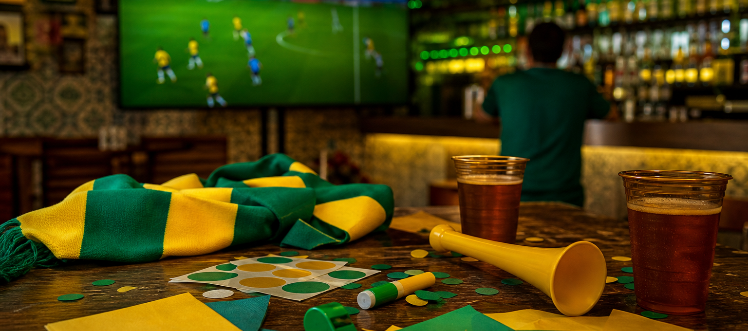 Telão exibindo jogo em bar com adereços genéricos de torcida sobre a mesa, pessoas desfocadas de costas e luzes verdes e amarelas.