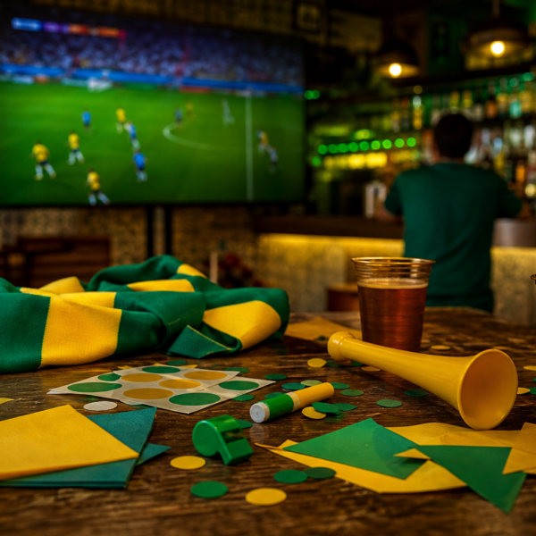 Telão exibindo jogo em bar com adereços genéricos de torcida sobre a mesa, pessoas desfocadas de costas e luzes verdes e amarelas.